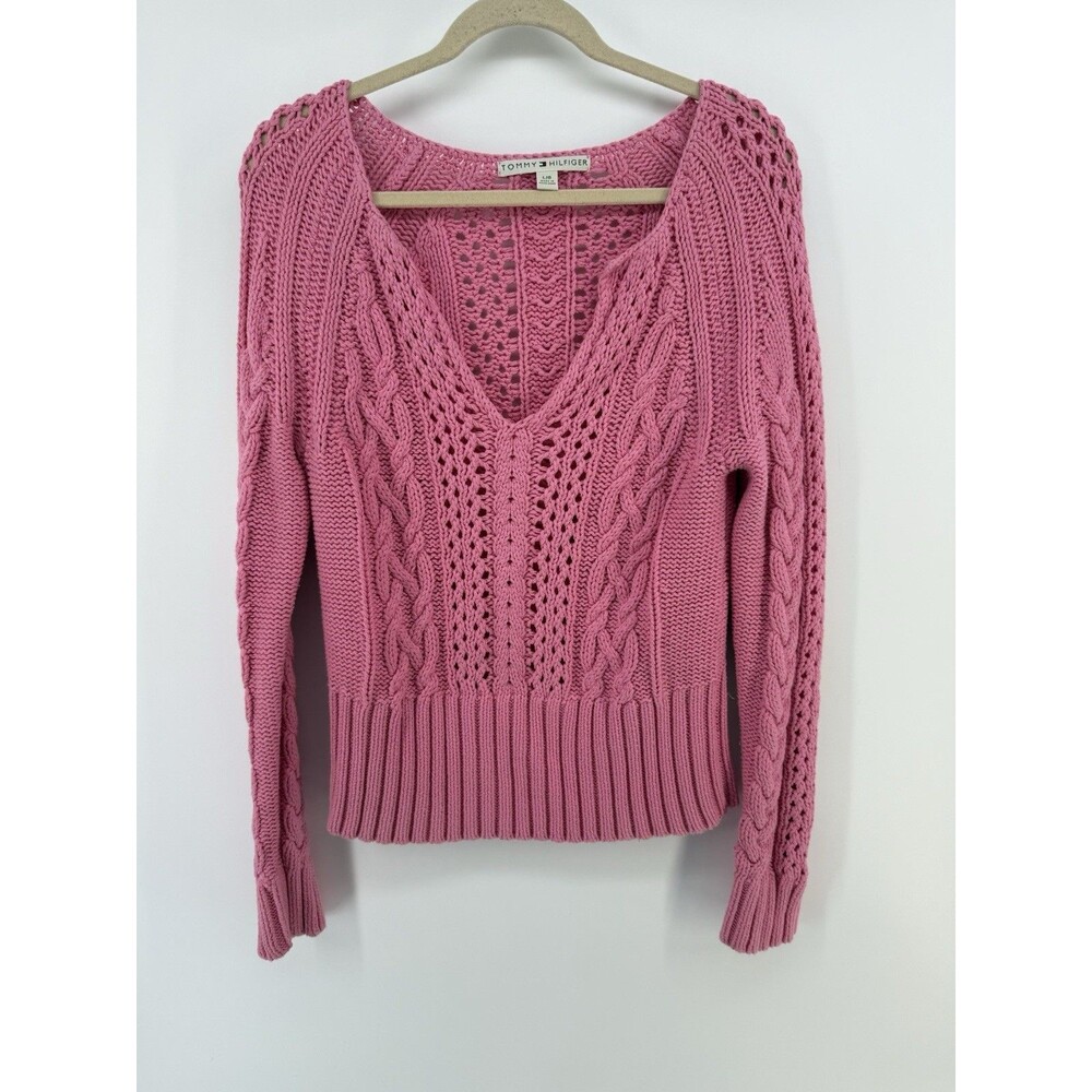 Barbiecore romantic Pink TOMMY HILFIGER Cable Knit pullover Sweater L Y2k 90s